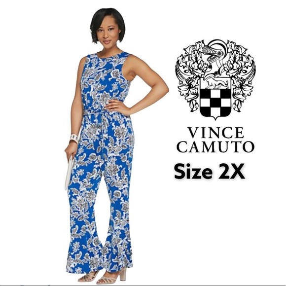 Vince Camuto Pants - Vince Camuto Blue and White Floral Print Sleeveless Jumpsuit Size 2X